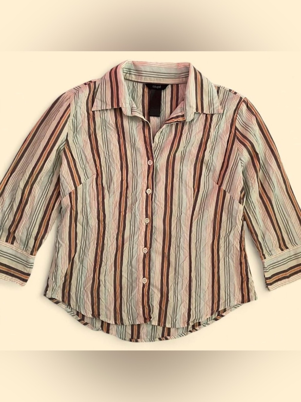 Vintage Coupe Crinkle Texture Striped Button Up Shirt 3/4 Sleeve Y2K Boho Earthy